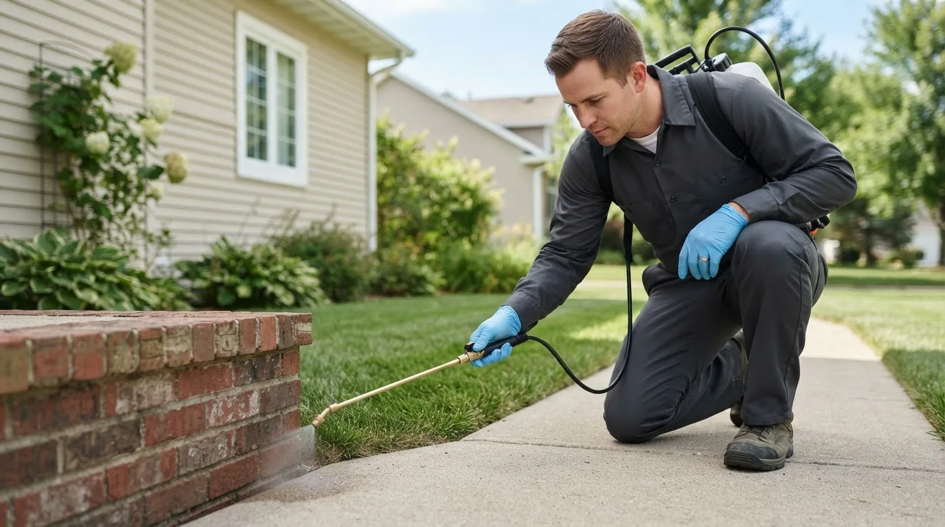 Pest control technician treating a home near Seville, GA